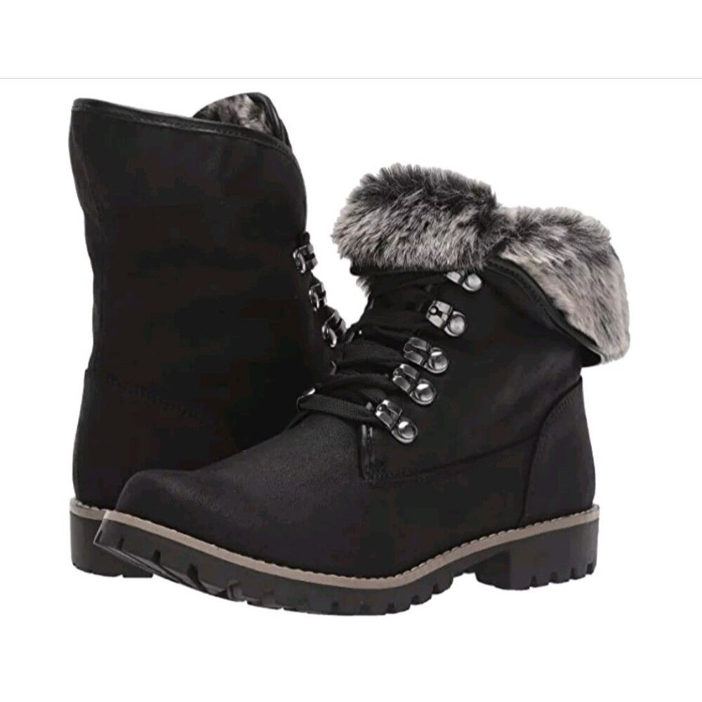 Cliffs White Mountain Combat Boots 8.5 Fur Trim Lace Up Black Faux Leather